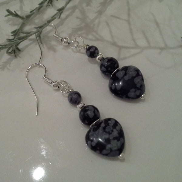 Puffy Heart Cut Snowflake Obsidian Earrings Silver Plate