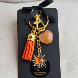 Brighter Days Keyring 6 - Orange Sun, Orange Tassel, Orange Gemstone Heart.