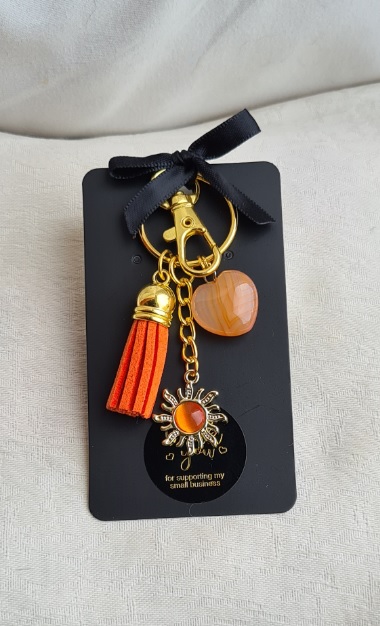 Brighter Days Keyring 6 - Orange Sun, Orange Tassel, Orange Gemstone Heart.