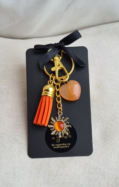 Brighter Days Keyring 6 - Orange Sun, Orange Tassel, Orange Gemstone Heart.