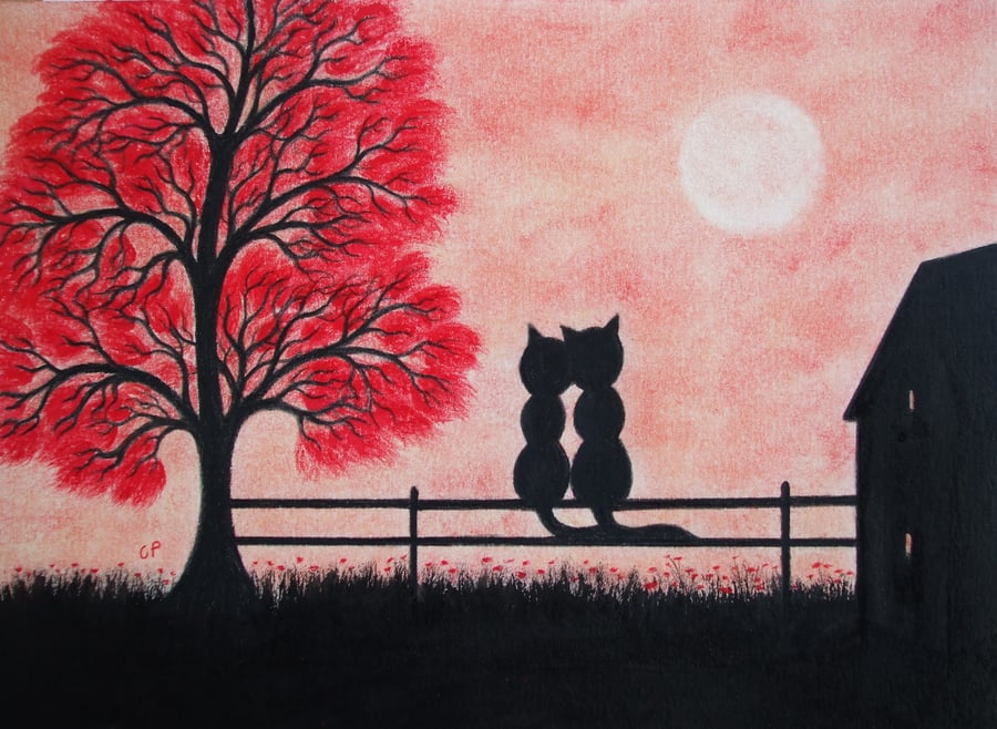 Cat Anniversary Card, Love Black Cats Tree Card, Romantic Art Card, Engagement