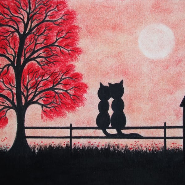 Cat Anniversary Card, Love Black Cats Tree Card, Romantic Art Card, Engagement