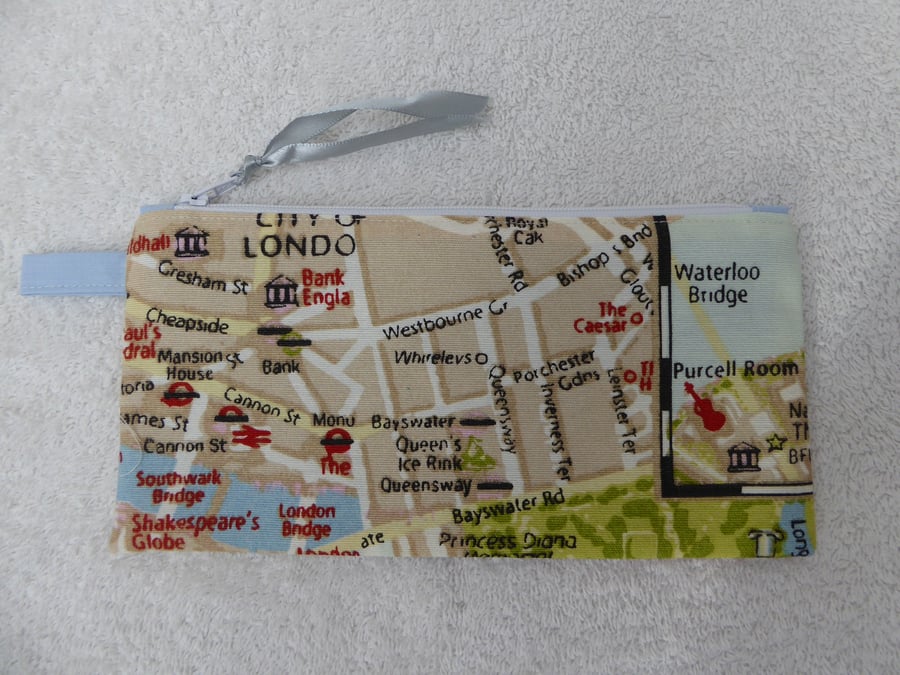 London Map Print Zipped Pencil Case. Purse. Fully Lined with Ribbon  Zip Pull