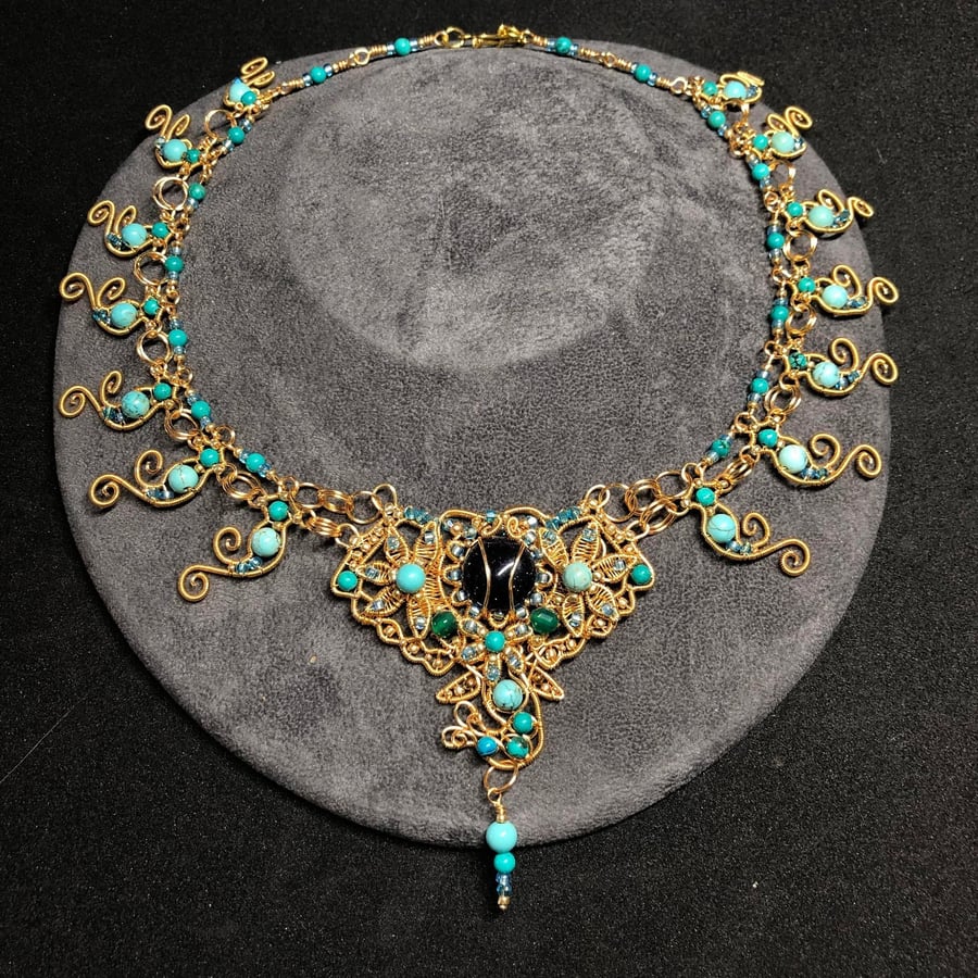 Bejewelled Wire Weave Elephant Necklace with Jasper, Tarnish resistant Gold plat