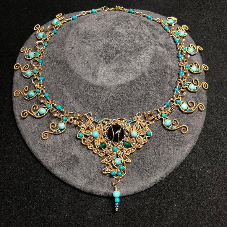 Bejewelled Wire Weave Elephant Necklace with Jasper, Tarnish resistant Gold plat