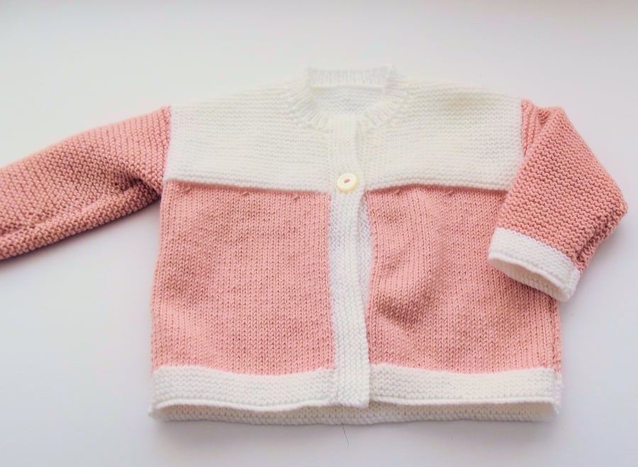 Babies Handknitted Jacket Cardigan, Salmon Pink and White, 12 to 18 mthes, hm142