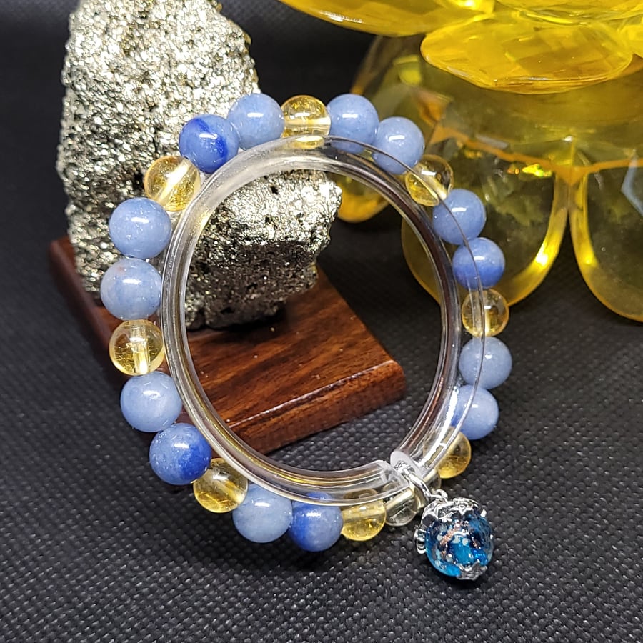 8mm Blue Aventurine Citrine Silver plated Pendant 16cm stretch gemstone bracelet