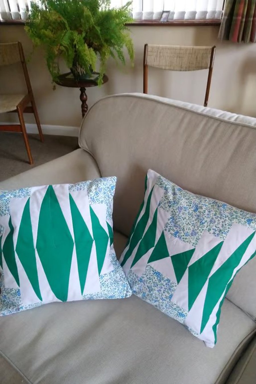 Green & blue patchwork cushion covers. Choice of 2 designs. BOTH still available