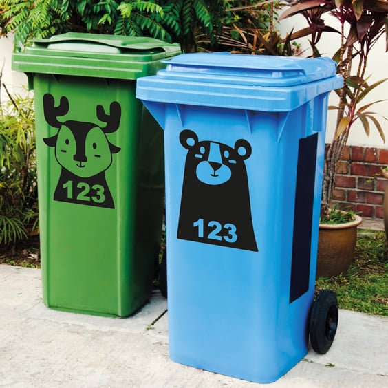 Wheelie Bin Personalised Sticker Custom Number House Number Cartoon Woodland