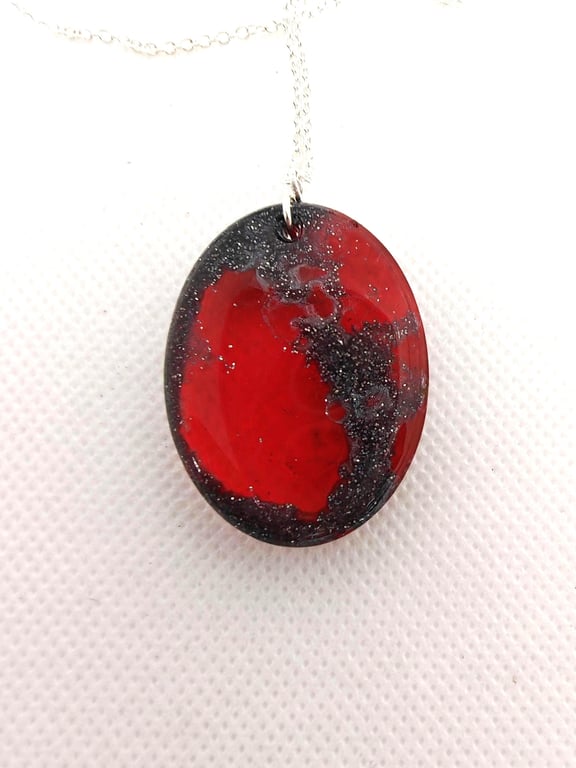 Double-Sided Resin Pendant Necklace: Galaxy Lava, Red & Black, Silver Plated