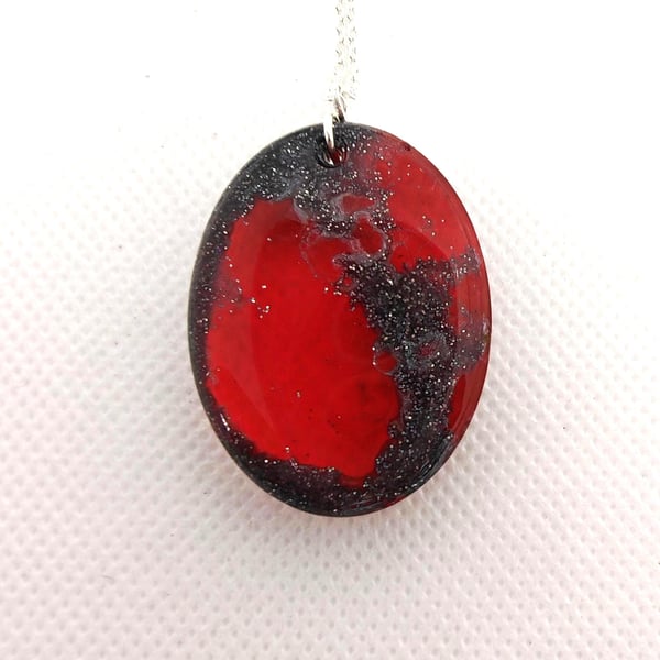 Double-Sided Resin Pendant Necklace: Galaxy Lava, Red & Black, Silver Plated