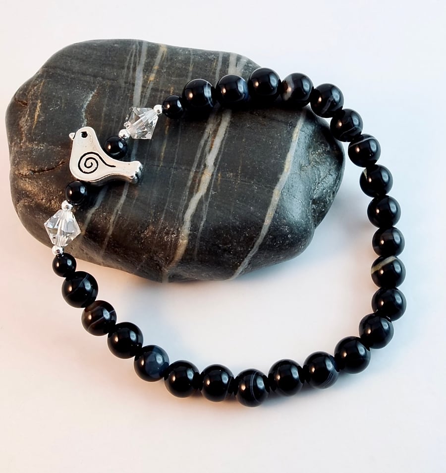 Black Onyx Bracelet With Swarovski Crystals And Silver Bird - Handmade In Devon