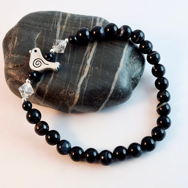 Black Onyx Bracelet With Swarovski Crystals And Silver Bird - Handmade In Devon