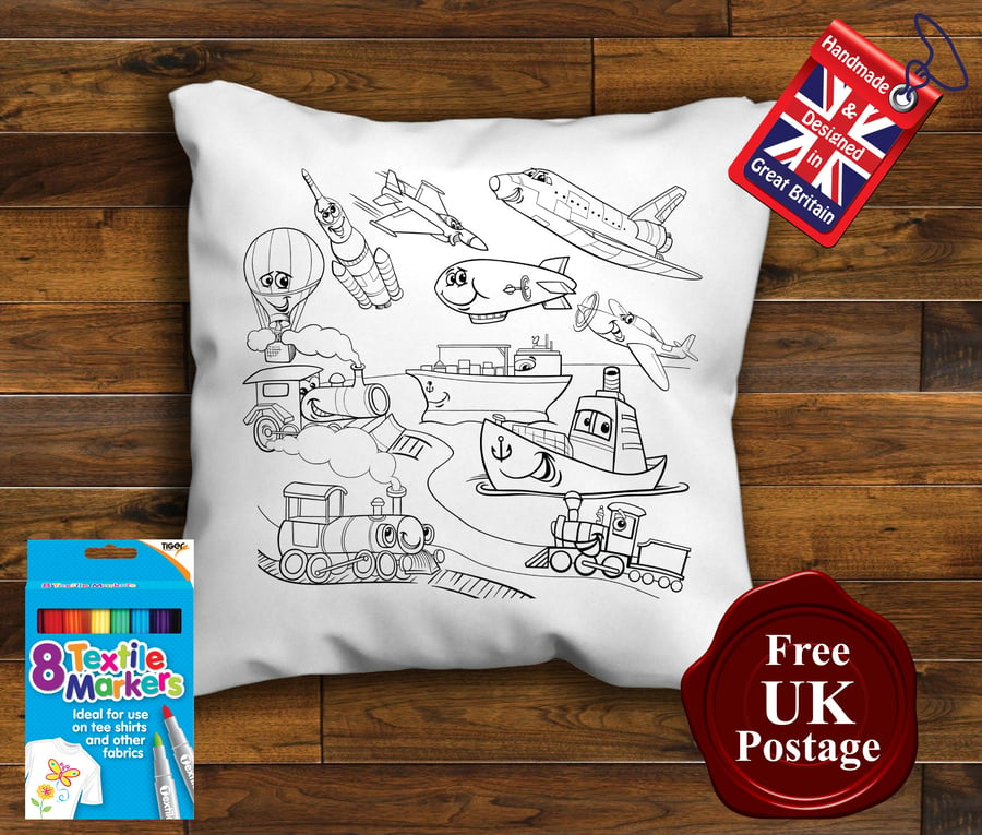 Transport Colouring Cushion Cover With or Without Fabric Pens Choose Your Size