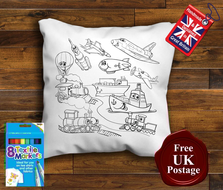 Transport Colouring Cushion Cover With or Without Fabric Pens Choose Your Size
