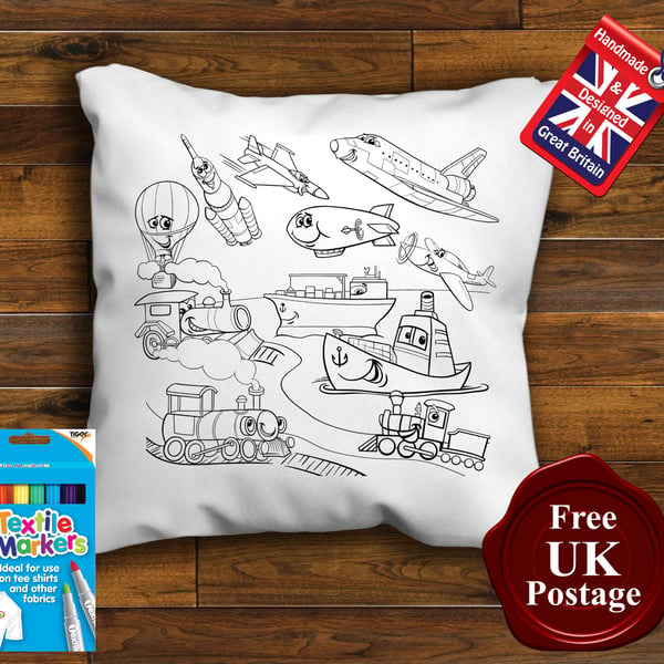 Transport Colouring Cushion Cover With or Without Fabric Pens Choose Your Size