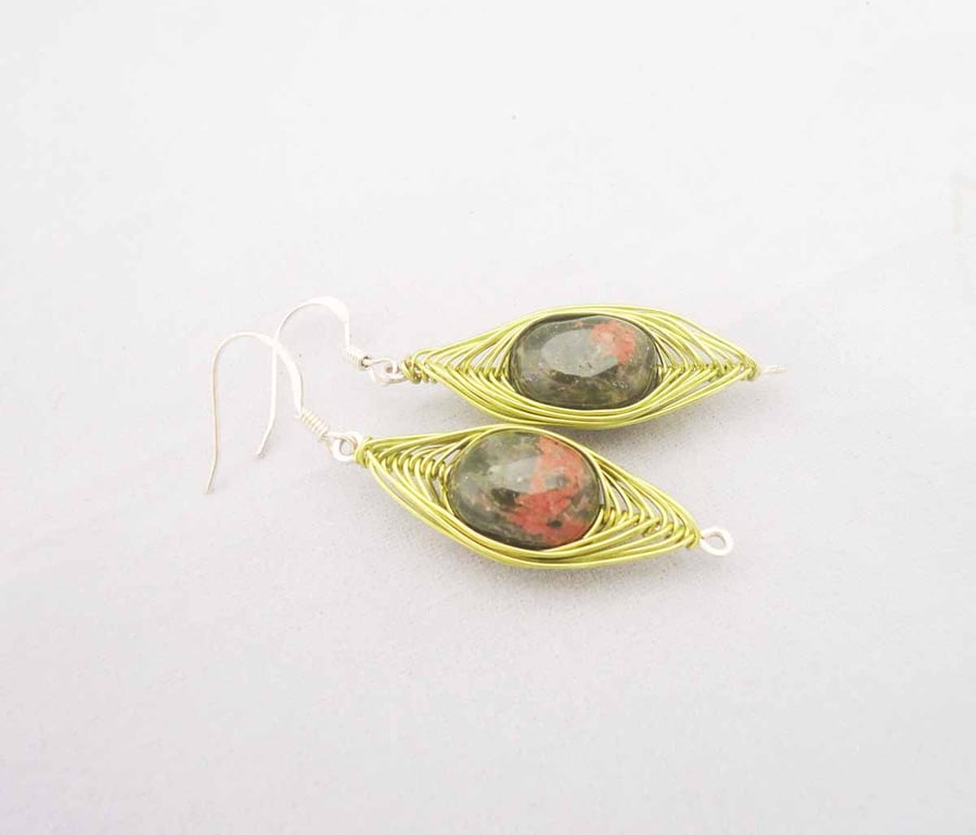 Wire Wrapped Earrings, Jasper Earrings, Green Earrings, Jewelry,Gemstone