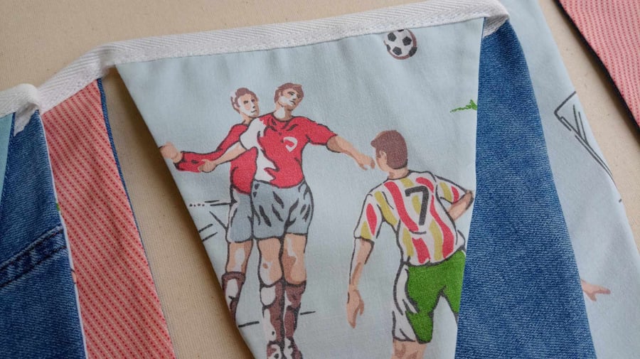 Upcycled football bunting with vintage denim jeans 