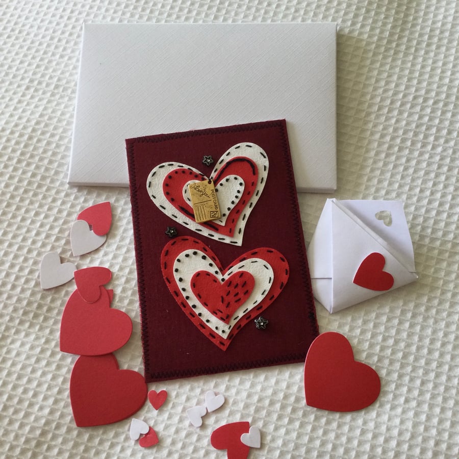 Heart Themed Fabric Hand Stitched Keepsake Postcard