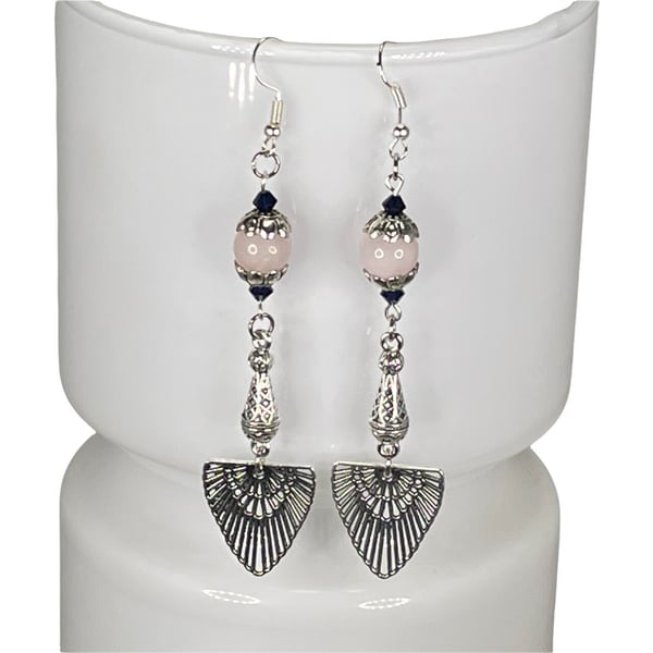 ART NOUVEAU ROSE QUARTZ and Swarovski earrings silver plated