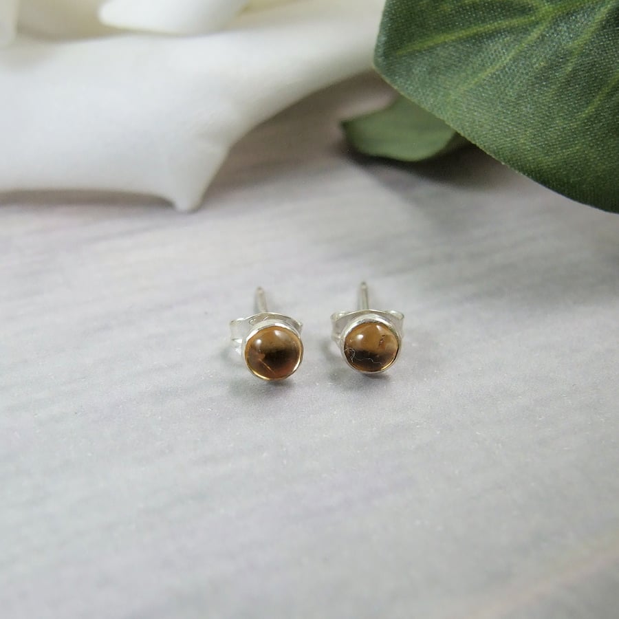 Stud Earrings, Citrine and Sterling Silver 4mm Studs