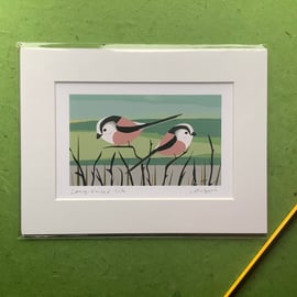 Long-tailed tits - print from digital illustration with mount. Garden birds.