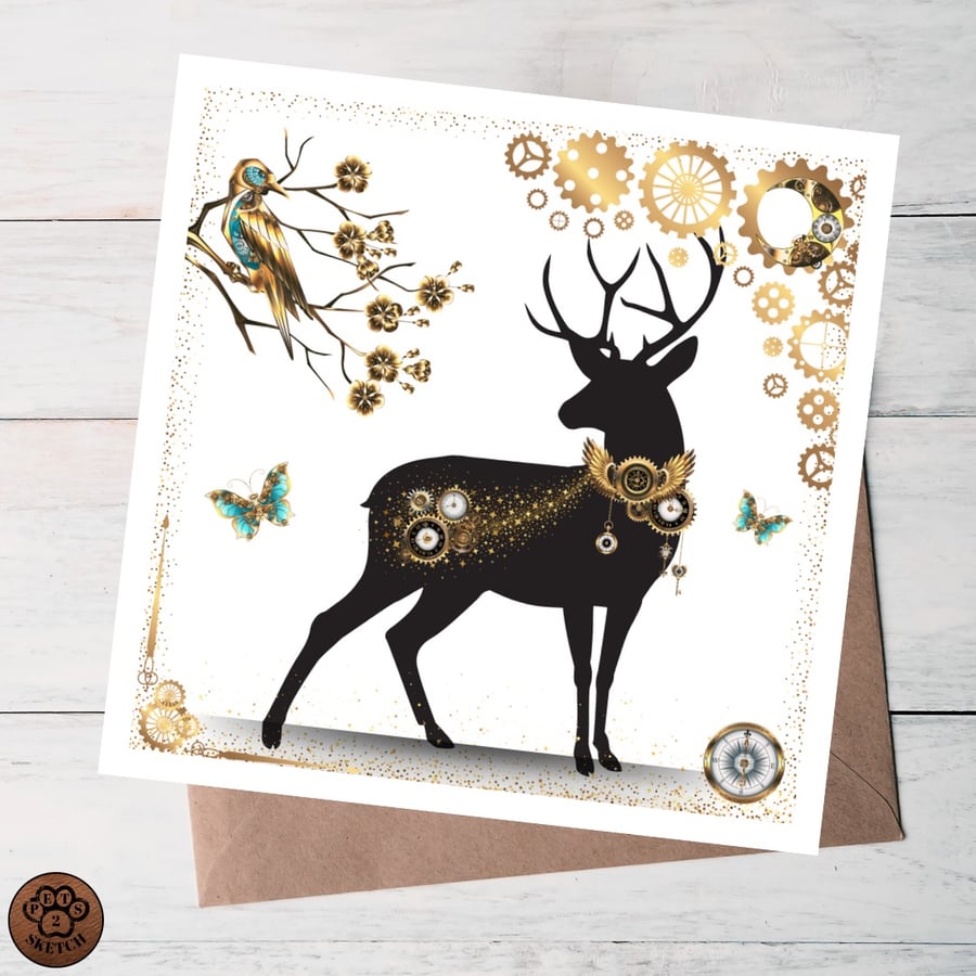 Stag Birthday Card Steampunk Card Blank Card With Recycled Envelope