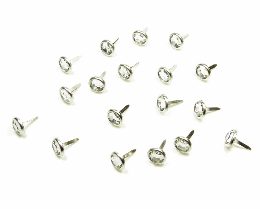 100 Round Clear Crystal 10mm Brads For Crafts & Scrapbooking With Silver Surroun