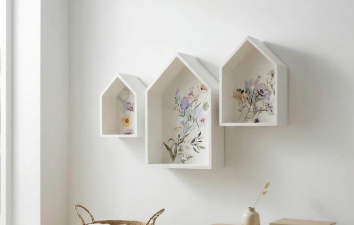 Botanical Wall Hanging Shelves Painted in Clotted Cream with Botanical detail (U