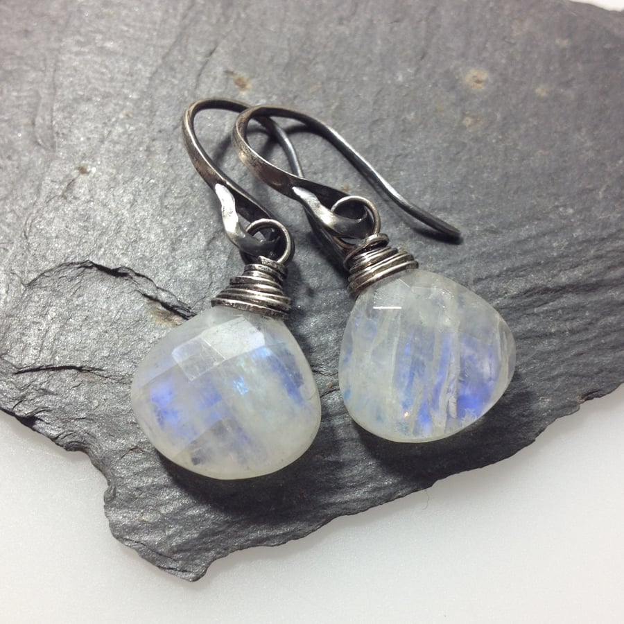Moonstone and oxidised silver wrapped earrings