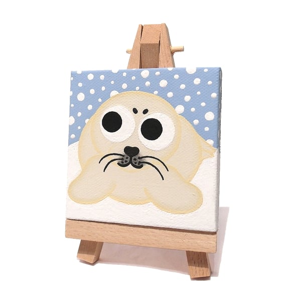 Seal Pup Miniature Painting - cute acrylic art of white baby seal in snow