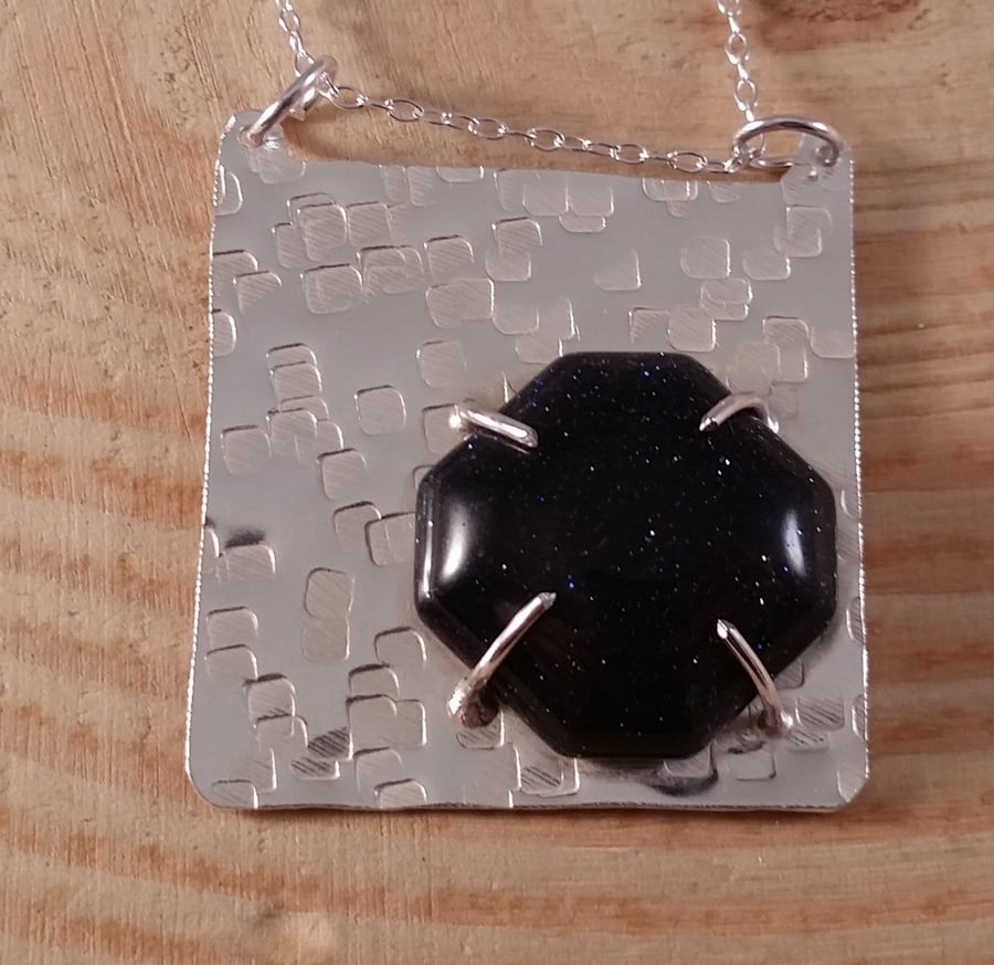 Sterling Silver and Octagonal Blue Goldstone Hammered Necklace 