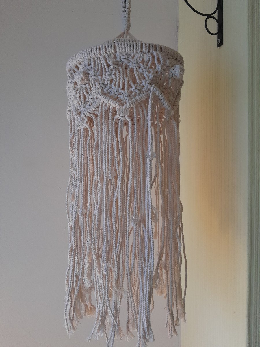 Macrame hanging lantern with battery twinkle lights, beige , hand made