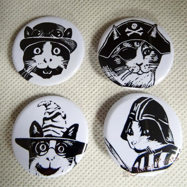 Steampunk Cats Black & White Animal Art Badges Buttons Pirate Cosplay