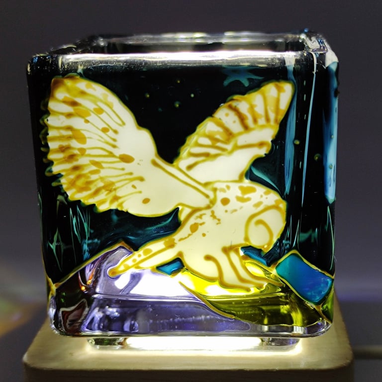 Hand painted candle holder barn owl and moon