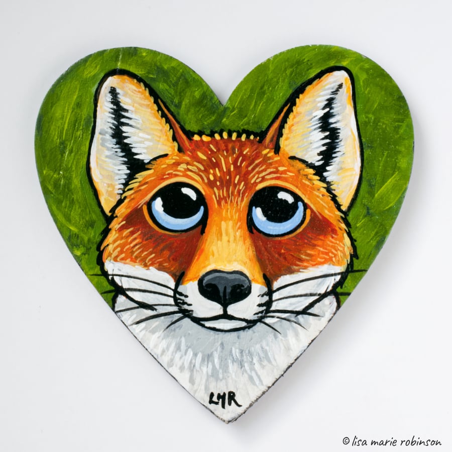 Blue Eyed Red Fox - Hand Painted Magnetic Heart Art Fridge Magnet