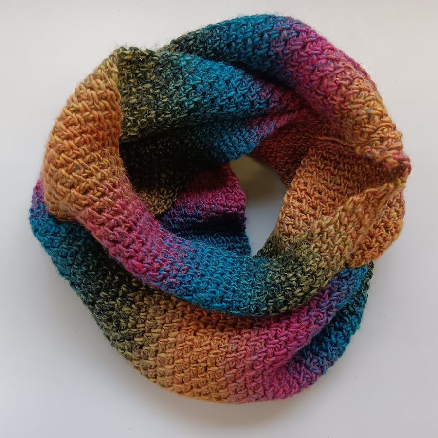 SOLD Crochet Infinity Scarf (Dark Rainbow) - cosy and stylish!