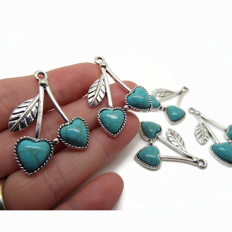 5 Cherry Fruit Pendants with Faux Turquoise in Antique Silver Metal, 37x26mm