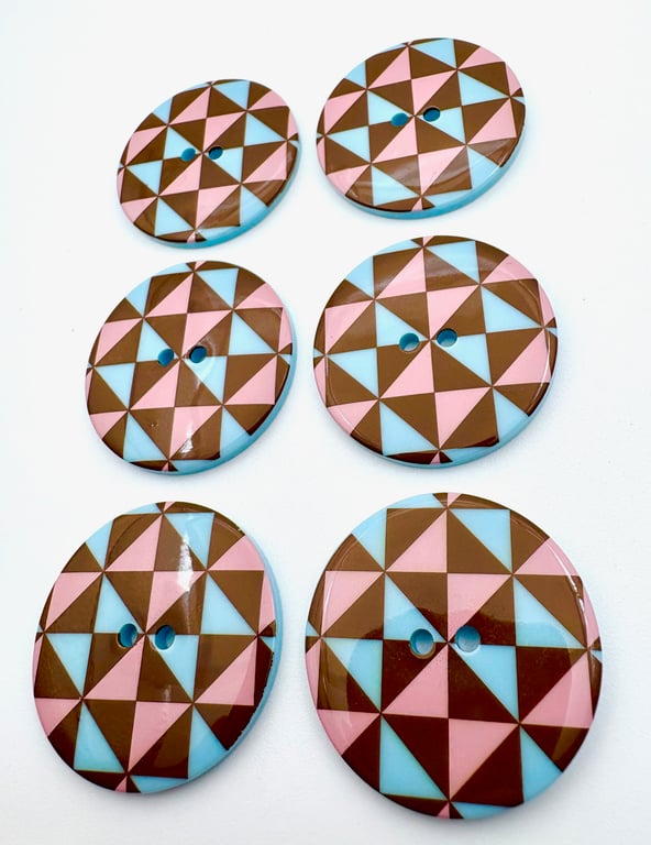 6 Large Buttons, 34mm Wide, Pink, Brown & Blue Triangles, Buy One Get One Free