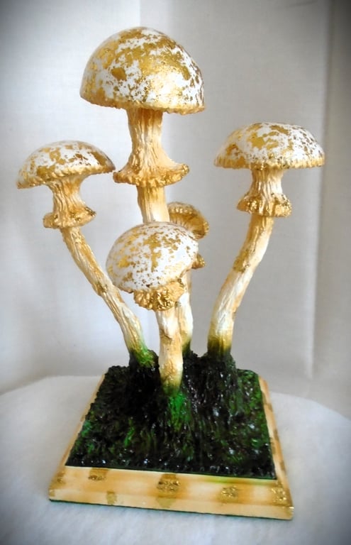 Fantasy Gold flaked clay Toadstool art sculpture