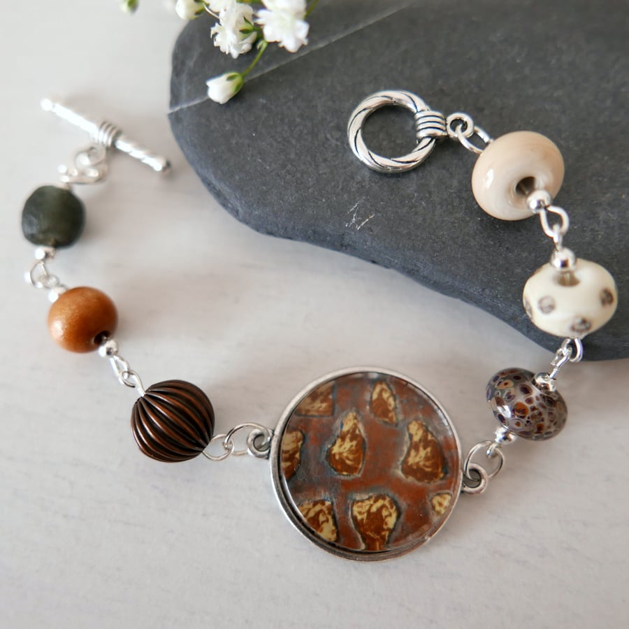 Brown Bracelet, Art Bracelet, Lampworkbeads Jewellery, Art Print, Brown Pendant