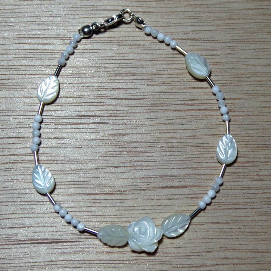  Sterling Silver & Mother of Pearl Leaves & Rose Bracelet