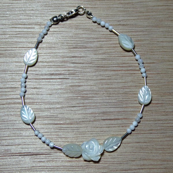  Sterling Silver & Mother of Pearl Leaves & Rose Bracelet