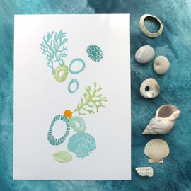 Rockpool lino print OOAK vintage seaside seashells, seaweed and pebbles picture