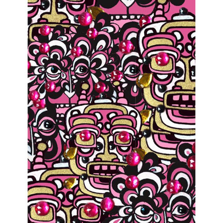 Aztec Robots (pink collage) - A4 Giclee art print