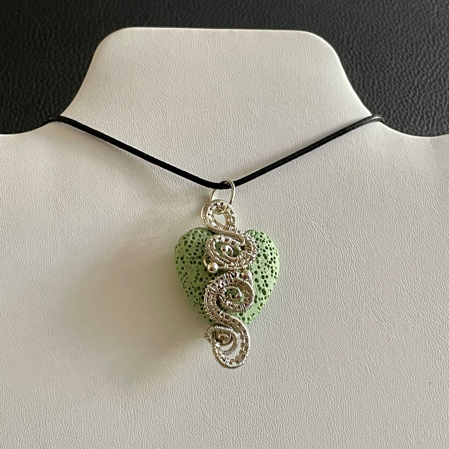 Green Heart Lava Stone Wire Wrapped Pendant