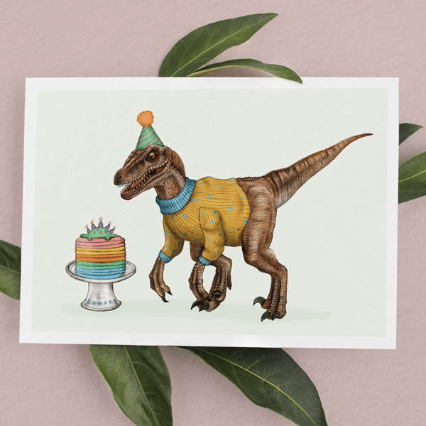 Dinosaur Birthday Card - Funny Velociraptor Birthday Card, Birthday Card for Son