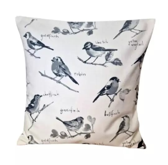 Garden Birds Retro Graphite Grey Cushion Cover 10" 12" 14" 16" 17" 18" 20" 22"