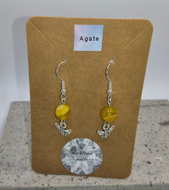 Yellow Agate Round Bee Charm Earrings