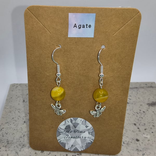 Yellow Agate Round Bee Charm Earrings